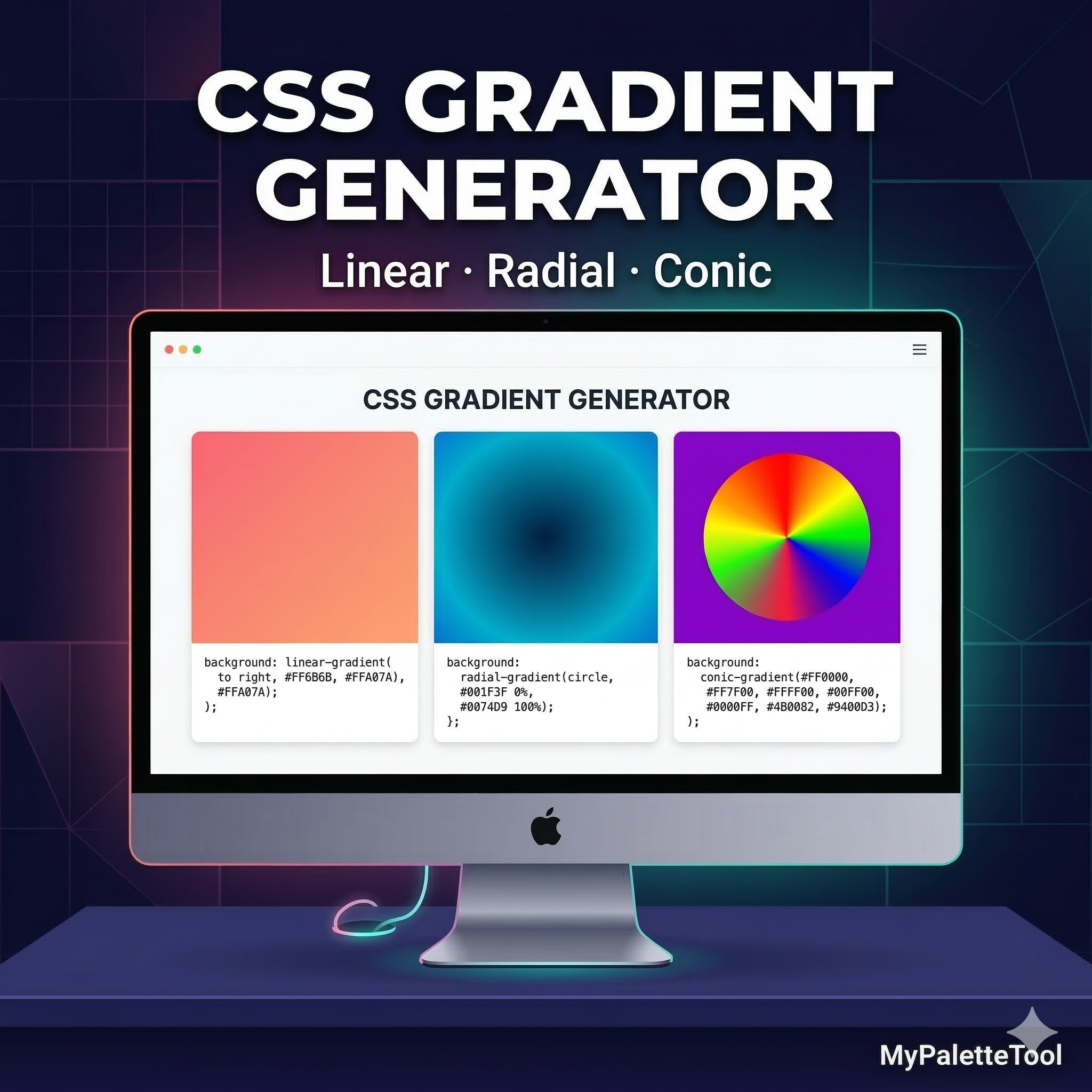 CSS gradient examples showing linear, radial, and conic gradient types side by side