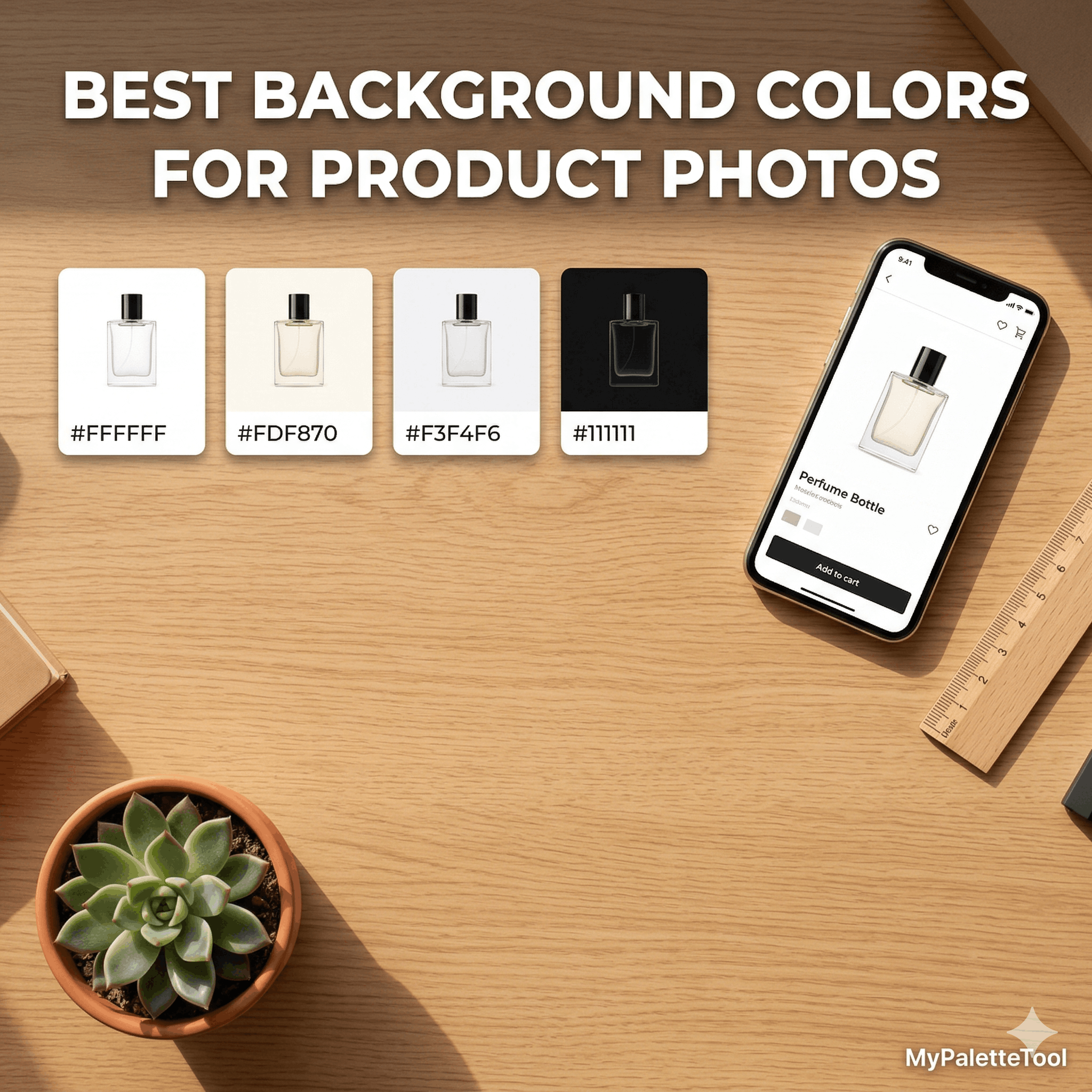 Product photos on different background colors showing white, cream, gray, and black options