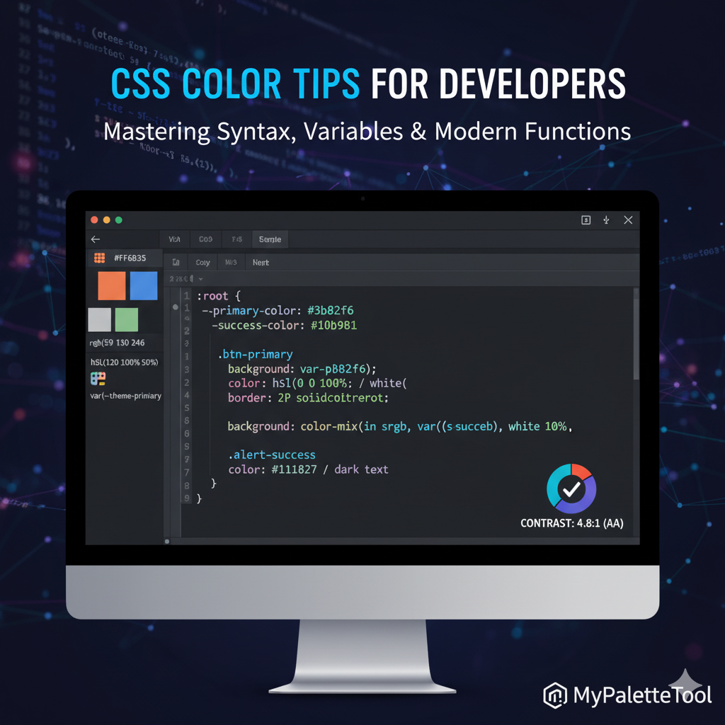 Developer writing CSS color code on a laptop with color pickers